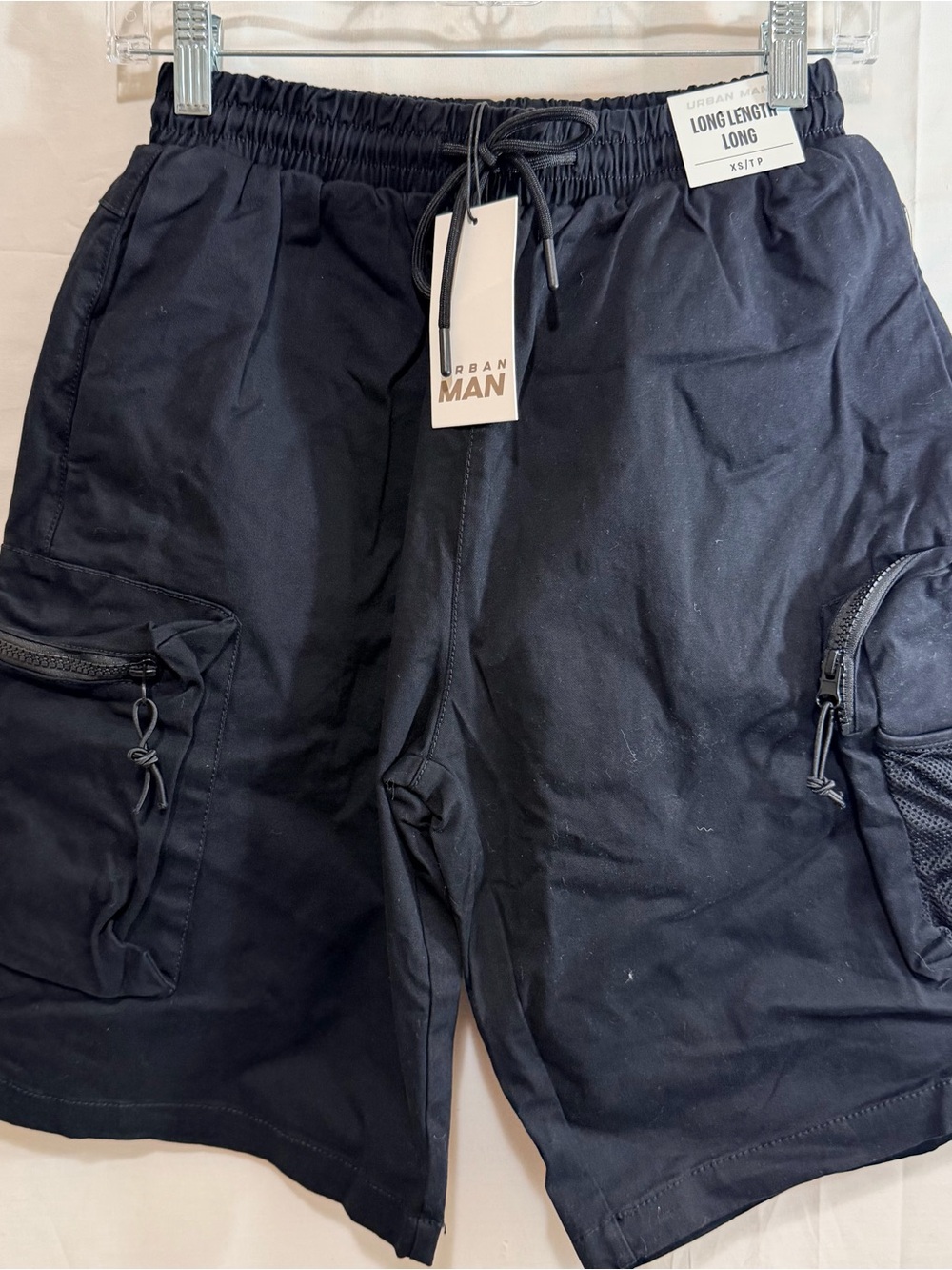 Urban Man Long Length Elastic Waist with Drawstring Cargo Shorts Black